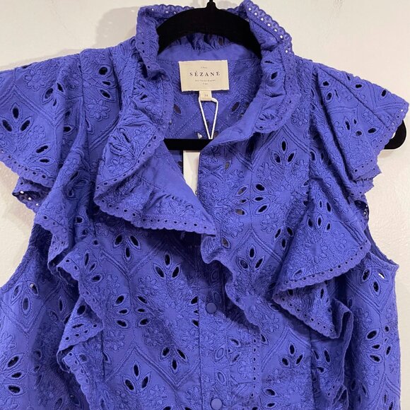 New Sezane Chiara Embroidered Cotton Ruffle Top Electric Blue 34, 2, XS - Picture 5 of 8